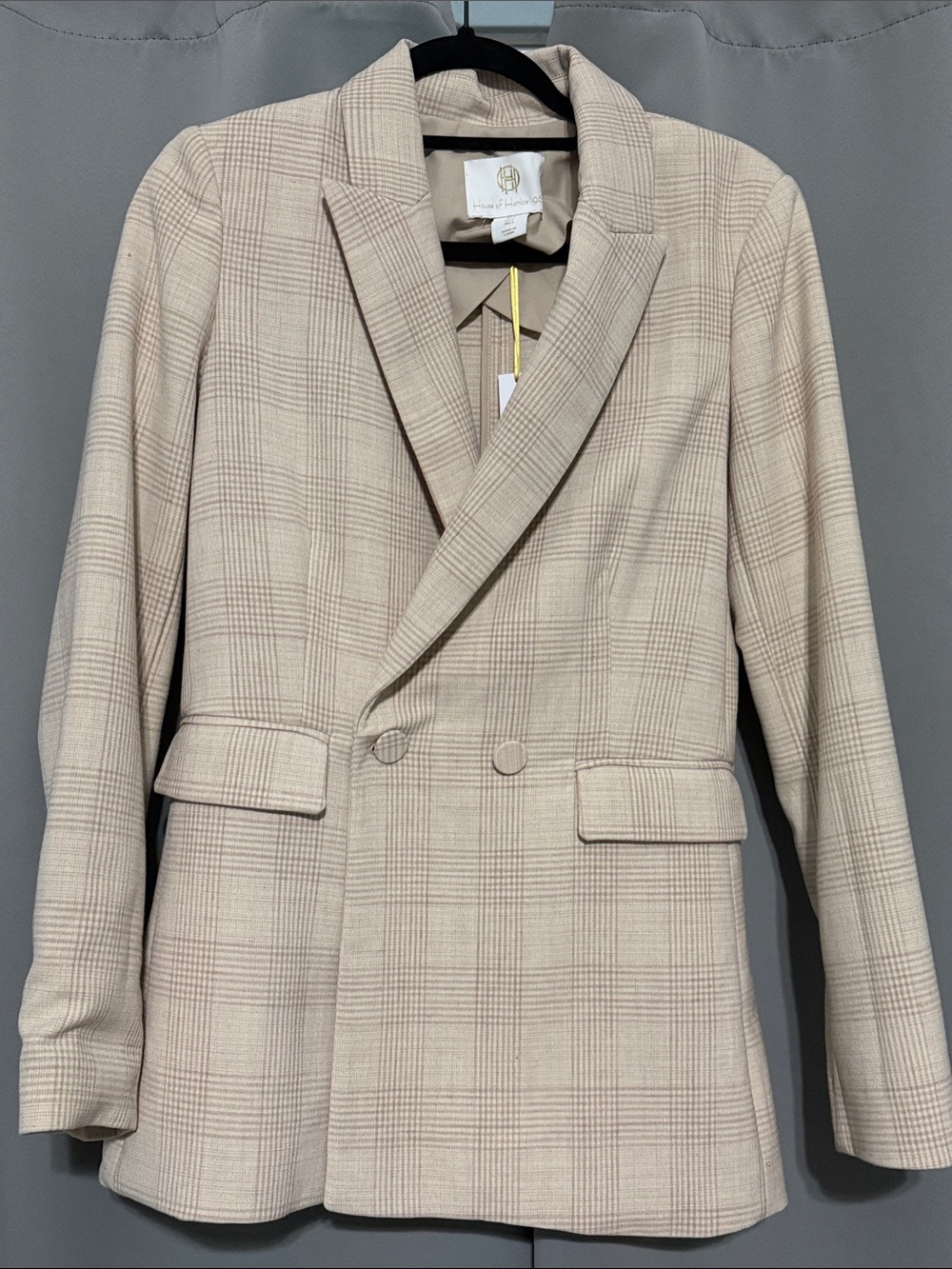 House of Harlow 1960 Beige Plaid Double-Breasted Blazer
